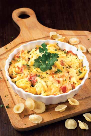 pasta BAKED ORECCHIETTE WITH CHICKEN SAUSAGE New Little ears shaped pasta baked with sliced chicken sausages, fennel and a blend of Mozzarella and Parmesan cheeses with your choice of classic