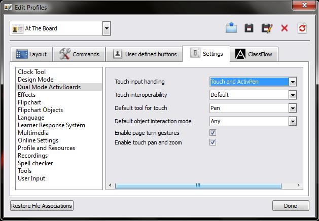 Bước 3: Thực hiện chọn tùy chỉnh và khai báo trong Profiles đã chọn: Nhắp chọn mục Dual Mode ActivBoards Chọn mục Touch and ActivPen tại hộp chọn Touch input