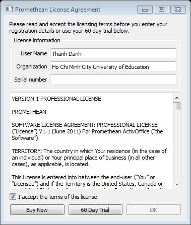 - Bước 10: Sau đó ta mở Microsoft PowerPoint 2010 lên và Promethean ActivOffice xuất hiện cửa sổ yều cầu đăng kí sử