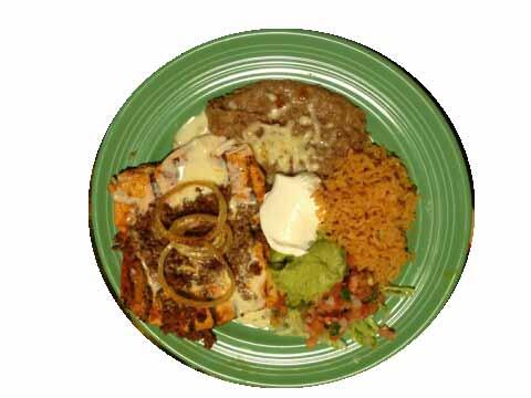 Cut into strips served with onions, bell peppers, rice, beans, tortillas and garnished with jalapeños, sour cream and guacamole. Chile Verde...$9.99 Succulent pork simmered in our zesty salsa verde.