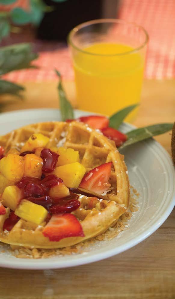 4 Golden Malted Waffles ½ mango 1 whole pineapple 4 large strawberries 2 Tbsp. honey 1 tsp. lime juice 4 Tbsp. coconut Peel and dice all fruit and combine with juice and honey. Reserve.