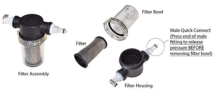 7. Disconnect the filter/strainer by releasing the quick connect fittings on each side.