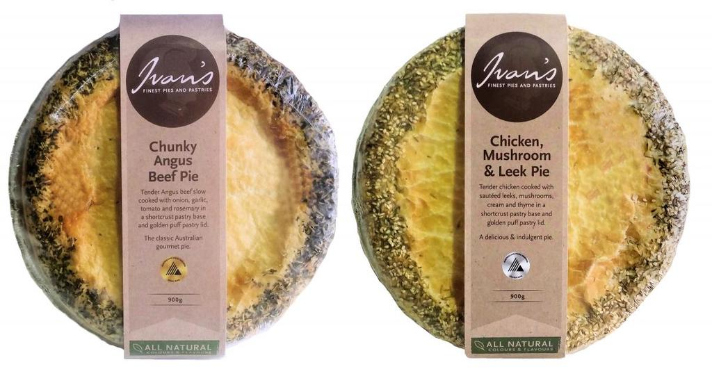 Family Pies Sample family size pie packaging BBE 7 days from thawing Frozen product Diameter: 210mm Height: 45mm Weight: 900g Product of Australia GP103 Ivan's