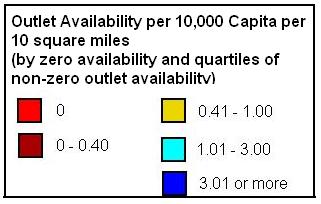 Grocer Store and Supermarket Availability by Zip Code per 10,000 Capita per 10 Square Miles Source:
