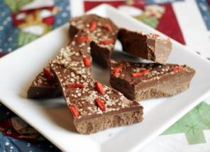 Chocolate Peppermint Bark With A Protein Boost A lovely, festive chocolate snack that delivers more than mere calories. Feel free to play with the flavors in this creamy confection.
