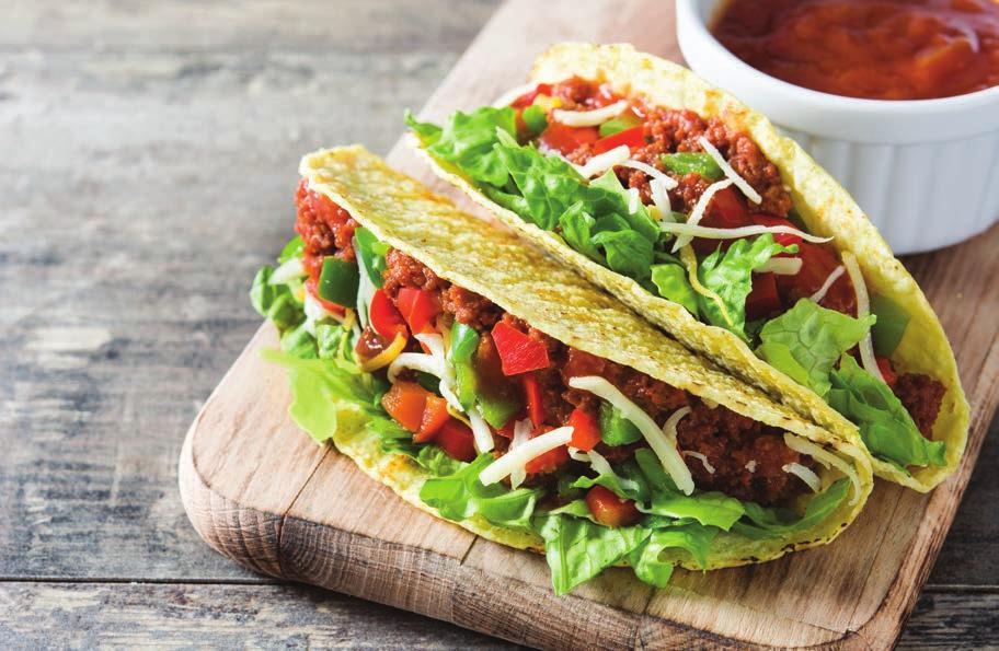 Beef & Kidney Bean Tacos 80g lean beef mince 80g canned kidney beans, drained 1 tsp taco seasoning 2 cups lettuce, shredded 1 tomato, diced 2 taco shells 20g reduced fat cheese 1.