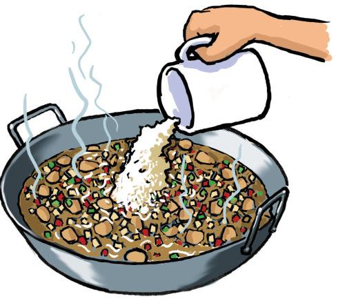 Add 1 mug of rice with 2 mugs of boiling water. 5.