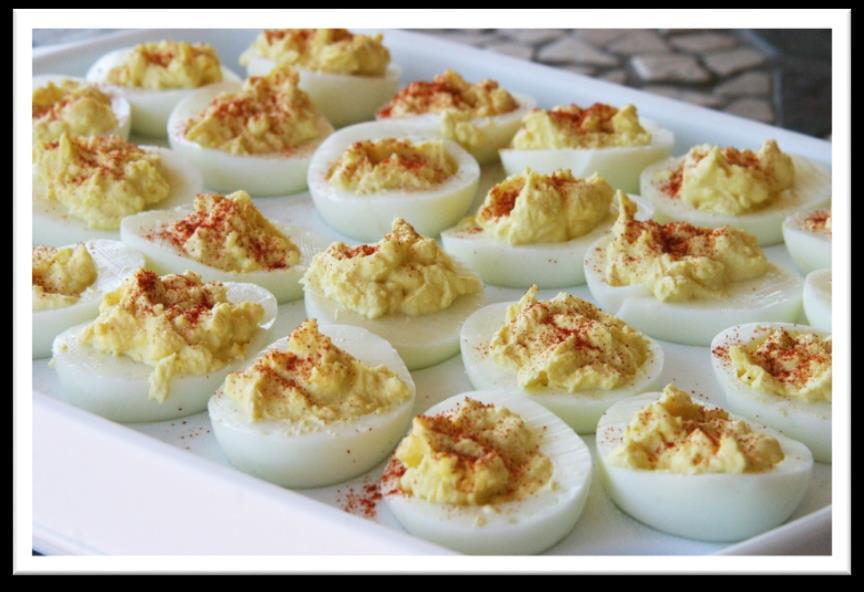 Delicious Deviled Eggs Ingredients 1 cup Olive Oil 6 large Eggs 1/4 tsp. Paprika 1. Fill a pot with a couple inches of water and bring to a boil. 2. Place the eggs in and cook for 8 minutes. 3.