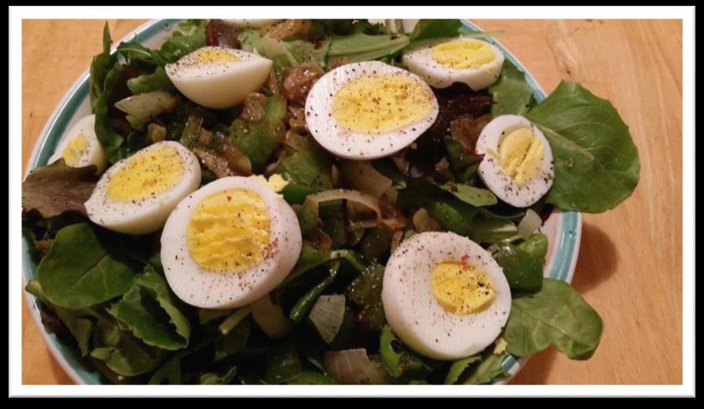 Egg Spinach Salad Ingredients - Serves: 1 3 hardboiled Eggs 2 cups of Spinach 1 Onion, chopped 1 Green Bell Pepper 3 tbsp. Olive Oil 1. Boil 3 eggs for 15 minutes over the stove. 2. Chop and cook the green peppers and the onions until soft.