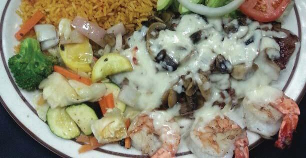 cheese, accompanied with three grilled jumbo shrimp. Served with rice, charro beans & avocado salad 16.