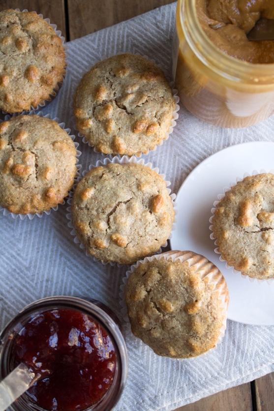 Whole Wheat Peanut Butter and Jelly Muffins Makes 12 muffins Prep time: 15 minutes Cook time: 20 minutes These muffins are moist, delicious, healthy, and portable, with a jelly surprise in the middle.