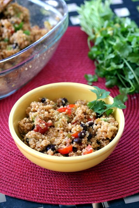 Basic Quinoa Salad Prep time: 5-10 minutes Cook time: 10-12 minutes (for quinoa) *gluten free, vegan with no cheese A great easy and simple lunch is to mix quinoa, beans, and veggies together.