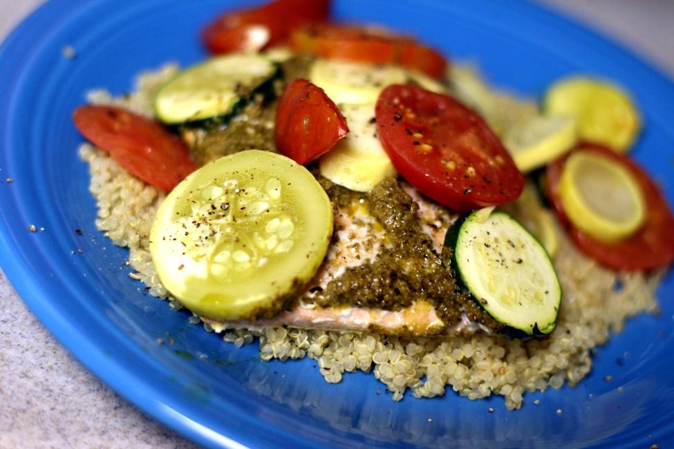 Dinners Pesto Baked Salmon with Veggies Serves 2 to 3, depending how large your salmon fillets are.