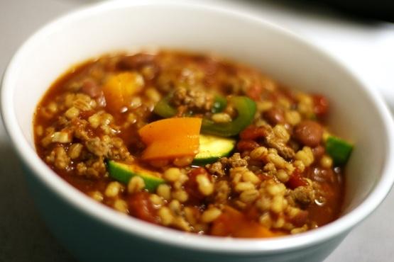 Meaty Veggie Barley Chili Makes about 10 servings Prep time: 15 minutes Cook time: 30 minutes This twist on traditional chili is a complete meal in a bowl.