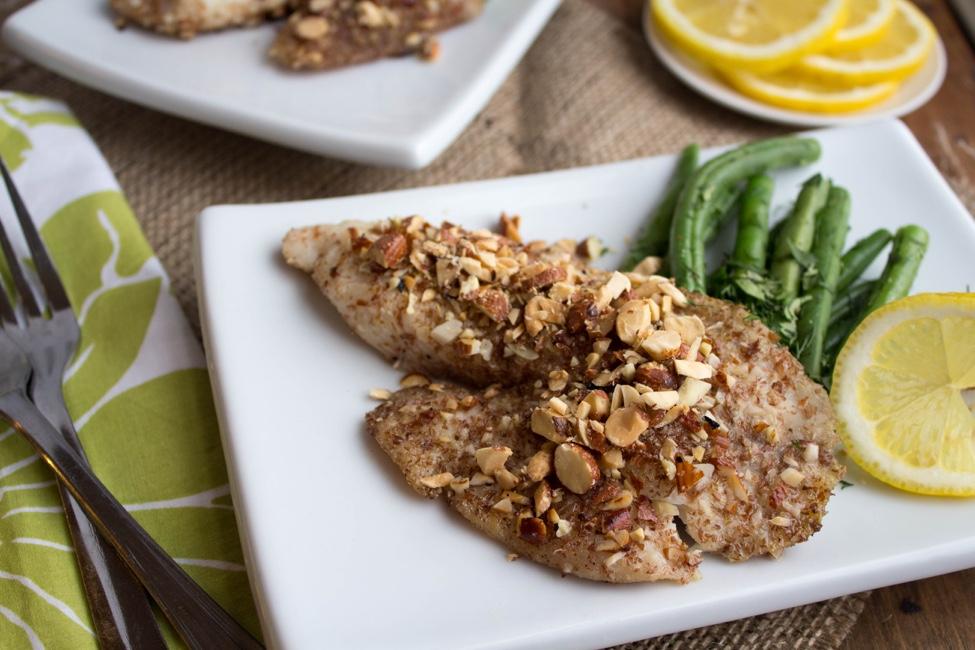 Almond Crusted Tilapia Serves 4 Prep time: 10 minutes Cook time: 10 minutes *Gluten free This quick and easy recipe yields moist and flaky fish with a crunchy crust.