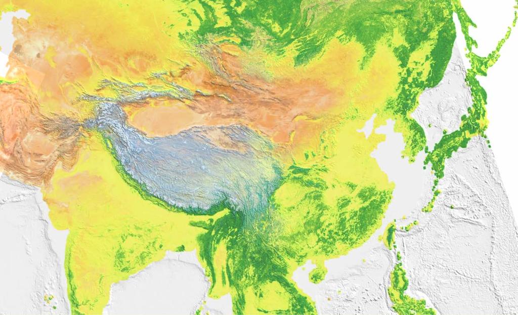 PHYSICAL FEATURES OF PRESENT-DAY EAST ASIA, INCLUDING CHINA R U S S I A <Insert 1013 map> K A Z A K H S TA N M O N G O L I A KYRGYZSTAN AFGHANISTAN PAKISTAN LEGEND Forest Grassland Desert High land