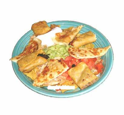 Flour tortilla, grilled and stuffed with cheese, chicken or steak, lettuce, pico de gallo, sour cream and guacamole. Cheese quesadilla, shredded beef flauta, chicken and beef nachos.