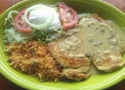 Grilled chicken breast covered with our creamy poblano sauce. Served with Mexican rice, sour cream and salad.