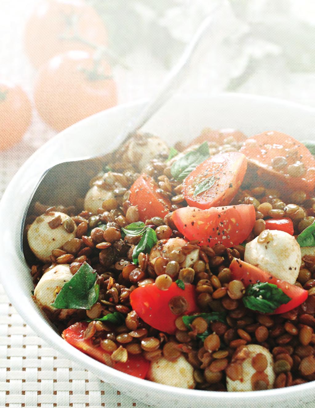 Balsamic Lentil Caprese Salad SALAD SERVINGS 4-6 PREP TIME 10 minutes TOTAL TIME 35 minutes canola or extra-virgin olive oil, for cooking 1 garlic clove, peeled and sliced 1 cup (250 ml) green