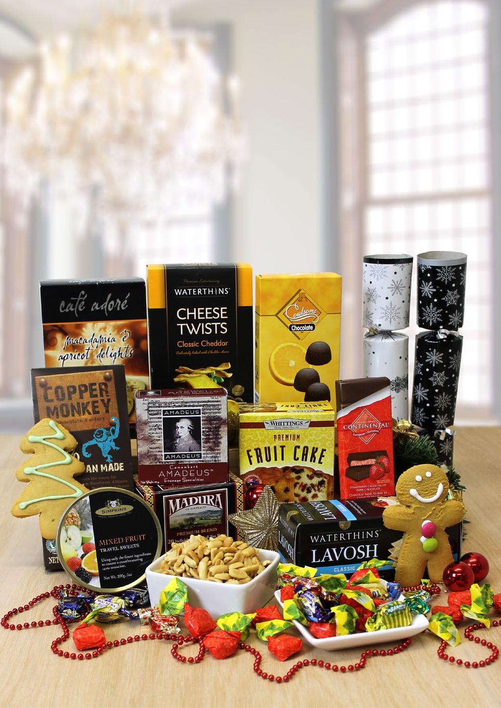 Christmas Classics $89.95 What could be more delightful than a bountiful box full of cakes, teas, nibbles and sweets? An alcohol-free hamper that has something for everyone.