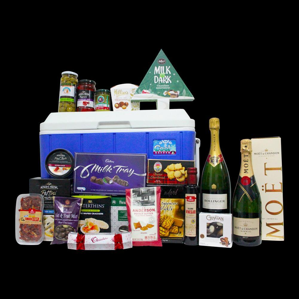 $299 Deluxe Christmas Moet & Chandon Brut Imperial Champagne 750mL Bollinger Special Cuvee 750mL Hillier's Milk and Dark Chocolate Assortment Star 190gm Ballentyne Chocolate Coated Fruit and Nut Mix