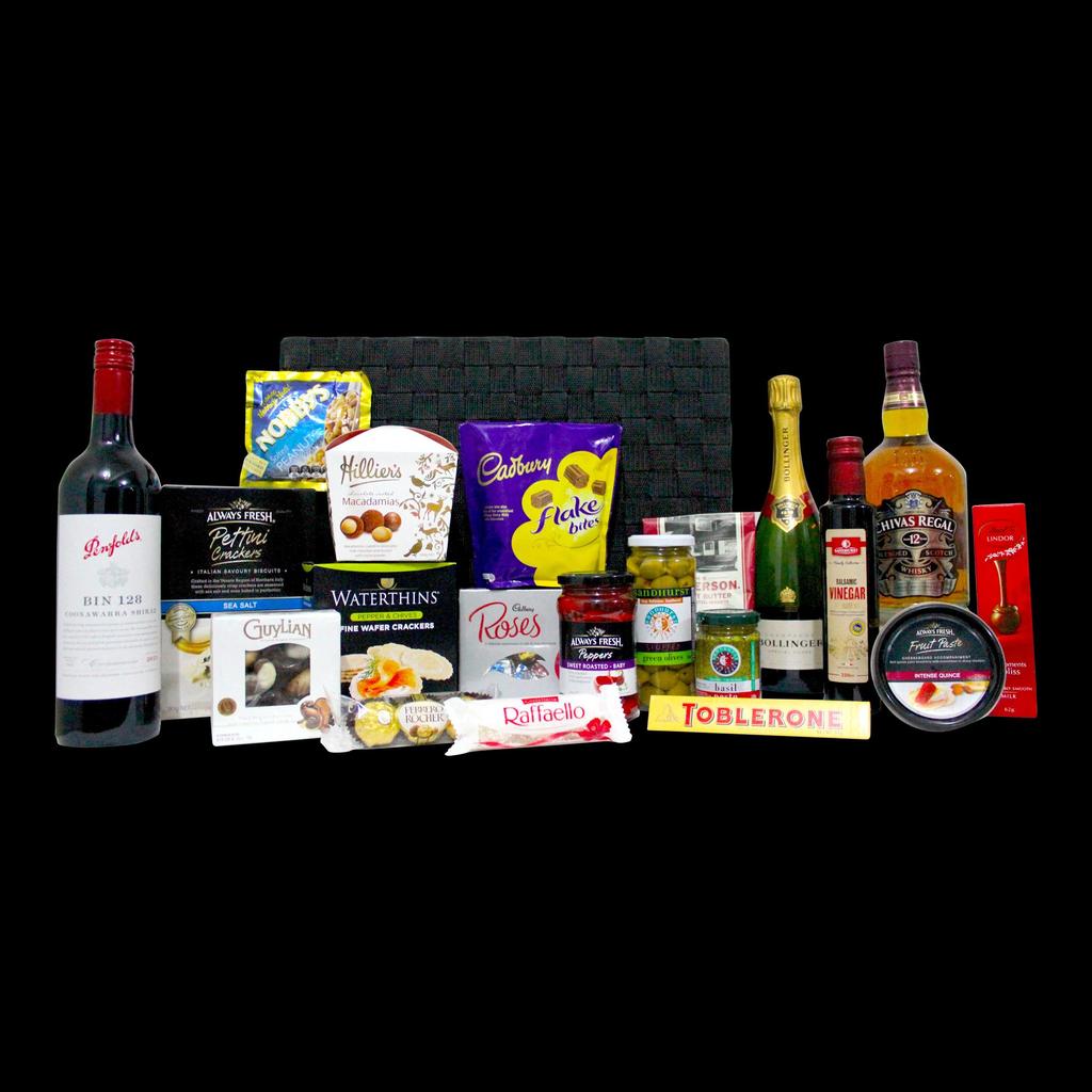 $349 Executives Extravaganza Penfolds BIN 128 Shiraz 750mL Chivas Regal 700mL Bollinger Special Cuvee 750mL HK Anderson Peanut Butter Filled Nuggets 70gm Hillier's Chocolate Coated Almonds Box 200gm