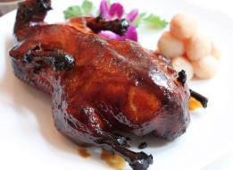 Lychee roast duck The duck is stuffed with lychee and marinated over night with lychee juice, herbs and spices.