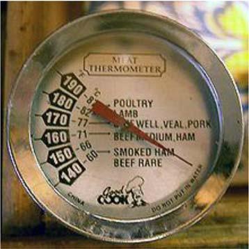 temperature of meat, especially roasts and steaks, and other cooked