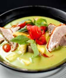 Tender pieces of roast duck simmered with grapes, cherry tomatoes and pineapples prepared in our distinct blend of green curry and coconut milk.