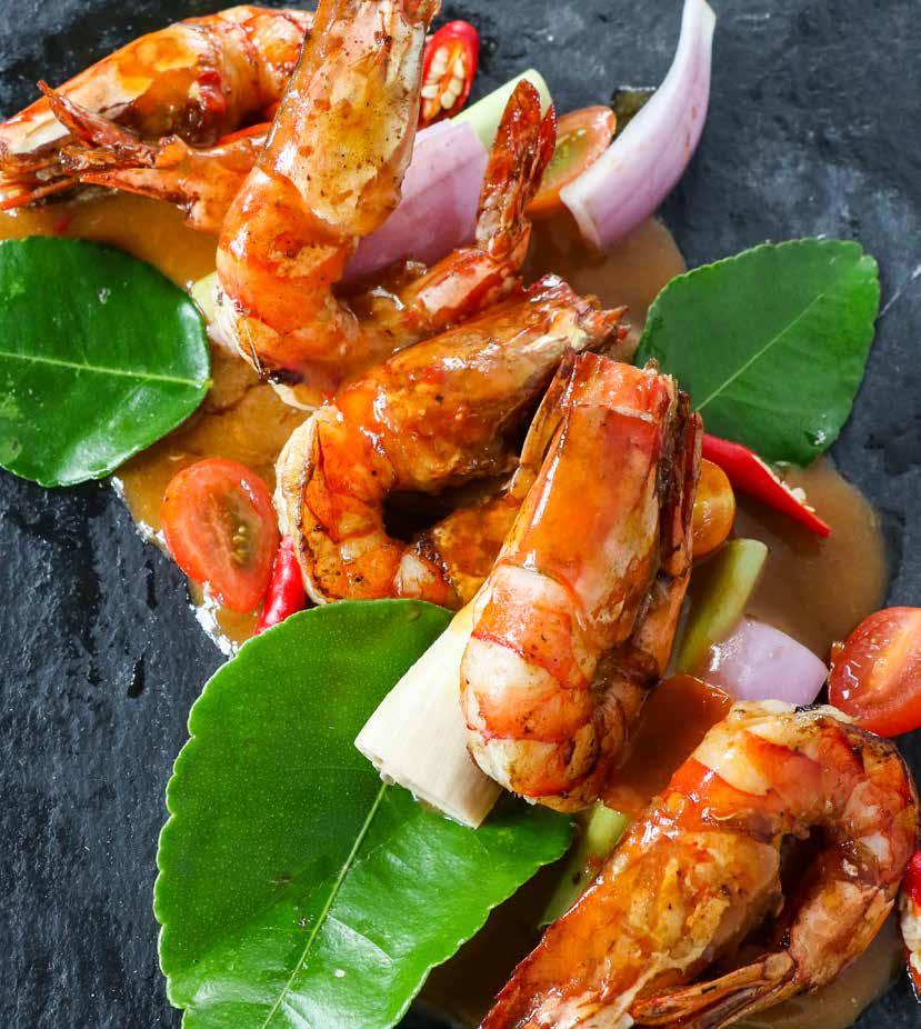 GRILLED TIGER PRAWN WITH CLASSIC TOM YAM Classic Tom Yam recipe, reduced and paired with grilled tiger