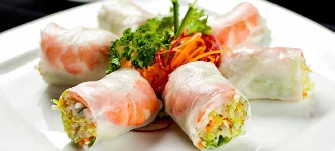 15 Signature seafood & chicken crispy spring rolls (Cha Gio) Traditional crispy Vietnamese rice paper rolls of crabmeat, chicken, prawns & greens. Served with traditional IndoChine dip.