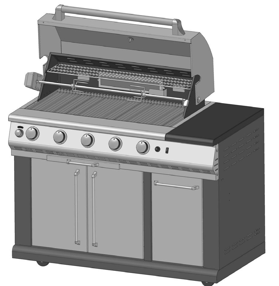 Grill Features 1 8 2 9 10 3 11 4 12 13 5 6 7 14 15 1. Roll top grill hood 2. Rotisserie kit 3. Grilling/cooking surface 4. Control knob: Rear infrared burner 5. Control knob: Main burner 6.
