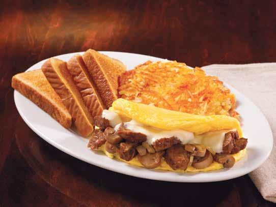 79 Country Sausage or Turkey Sausage Fluffy, open-faced biscuit, two sausage patties, crispy hashbrowns, country sausage gravy and cheddar cheese topped with two scrambled eggs.* (Cal 940-1030) 9.
