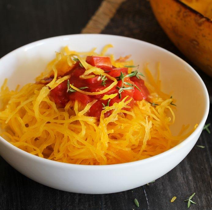 Spaghetti Squash 1 spaghetti squash, halved lengthwise and seeded 2 tablespoons vegetable oil 1 onion, chopped 1 glove garlic (minced) 1 ½ cups tomatoes (chopped) 2 tablespoons fresh basil (chopped)