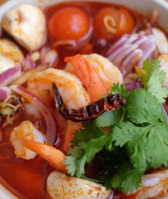 SOUPS HOT AND SOUR SOUP TOM-YUM Spicy and sour soup, shrimp paste, red onion, mushroom, galangal,