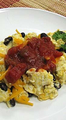 Mexican Egg Scramble 1 whole egg plus 2 egg whites* ¼ c. canned black beans, drained and rinsed ¼ c. shredded cheese 2 Tbsp. salsa Drain and rinse black beans. Scramble the eggs with beans and cheese.