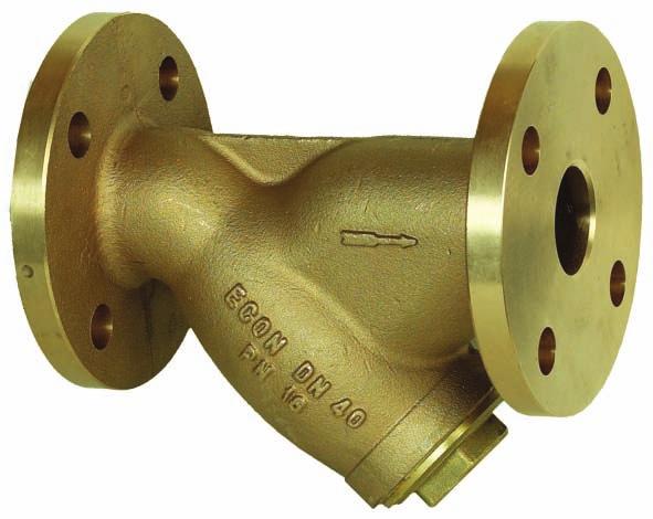 DIN flanges, bronze Econ strainer for general use. Suitable for use in horizontal and vertical pipelines with a downward flow. Body Bronze CuSn5Zn5Pb5-C (G-CuSn5ZnPb (Rg 5)) 2.1096.