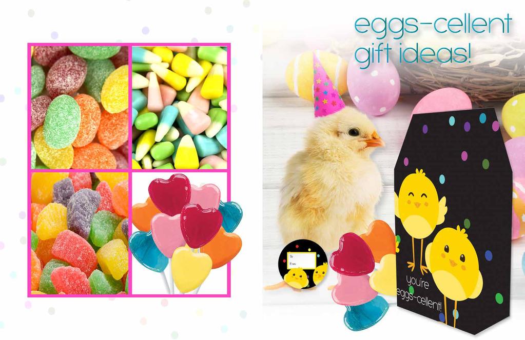 1624 $10.00 Sour Eggs/You re Eggs-cellent Gift Box - 8 oz. Huevitos agridulces Kid pleasing soft sour gummies in assorted fruit flavors. 8oz. Gift boxed. Ready to give. 1631 $10.