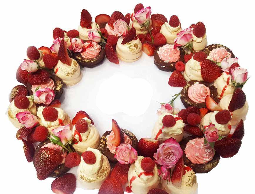 Strawberries & Cream Cookie Cups, Raspberry Coulis, fresh cream, berries & edible