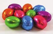 Solid dark chocolate eggs are wrapped in brightly colored foil. Approx. 31 per bag. 8 oz. $10.