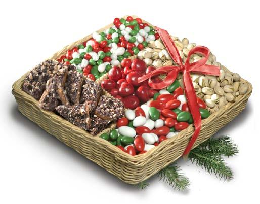 Chocolate-covered Cherries, 3 oz. White Chocolate-covered Pretzel Christmas Trees, 3 oz. Chocolate Holiday Malt Balls.