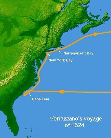 exploring coast of present-day Carolinas eventually anchoring in Narrows of New York Bay first