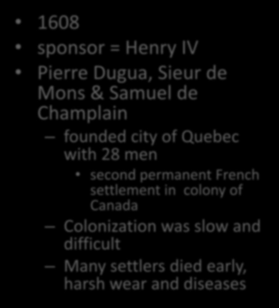 Founding of Quebec 1608 sponsor = Henry IV Pierre Dugua, Sieur de