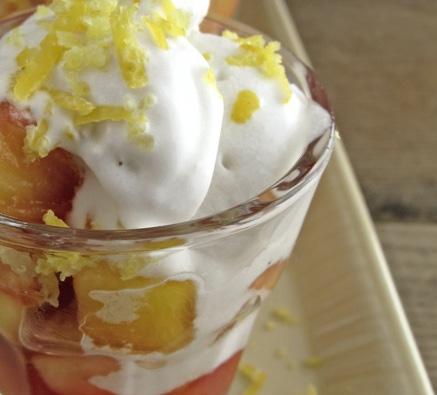 fruit cups with coconut vanilla ice cream PREP TIME: 20 MIN COOK TIME: 15 MIN SERVINGS: 6 ½ pineapple 1 mango 1 (6-oz) pack raspberries grated peel of one