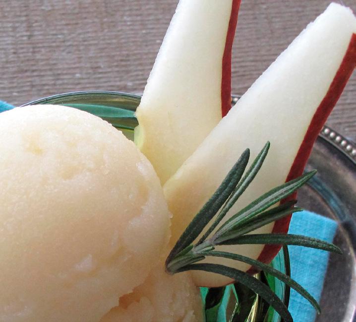 rosemary-pear sorbet PREP TIME: 10 MIN COOK TIME: 10 MIN SERVINGS: 3 CUPS 4 medium Bartlett pears (about 1⅓ lbs), peeled and diced ½ cup water ½ tbsp honey 1 sprig fresh rosemary (3 4 in) EQUIPMENT