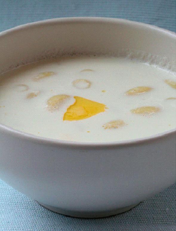 Estonian Milk Soup with Pasta Shapes 500 ml water (2 cups) 1 tsp salt 100 g short pasta (1 cup) 750 ml full-fat milk (3 cups) a generous pinch of sugar 1 Tbsp butter Bring water to the vigorous boil,