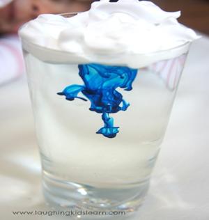 Ask your child to pour water into the glass, leaving about an inch from the rim. 2. Carefully add a layer of shaving cream to the water.