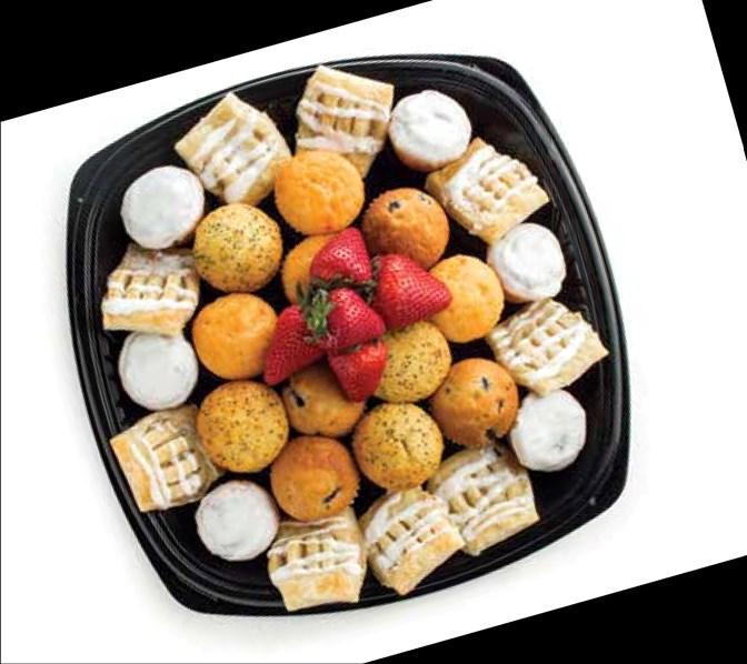 Breakfast Tray 6 mini cinnamon rolls, 12 mini muffins (1 combo pack) with blueberry, lemon poppy seed and