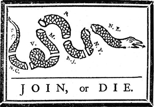 Join or Die! Ben Franklin made this flag. This flag means the colonist must join together to fight the British. What is the symbolism?