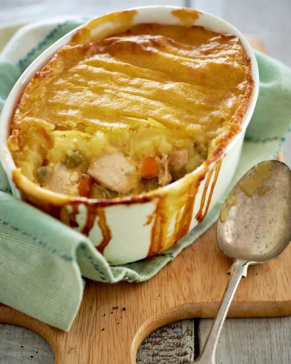 CHICKEN PIE WITH CAULIFLOWER MASH 1 large cauliflower 4 cups chicken, either browned or leftover 4 cups vegetables (such as cabbage or broccoli), chopped 4 to 5 tbsp arrowroot or kudzu (mixed with a